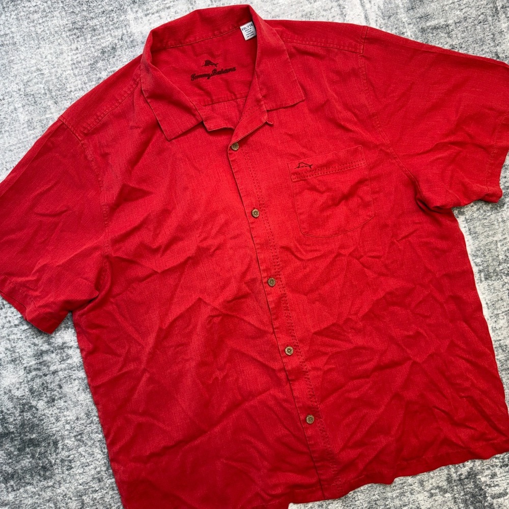 Tommy Bahama Shirt Mens 2XL Red Silk Blend Camp Loop Collar‎ IslandZone Resort